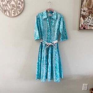 Dizzy Lizzie Sz M Mrs Maisel Turquoise White Monogram Cotton Shirt Dress NWT